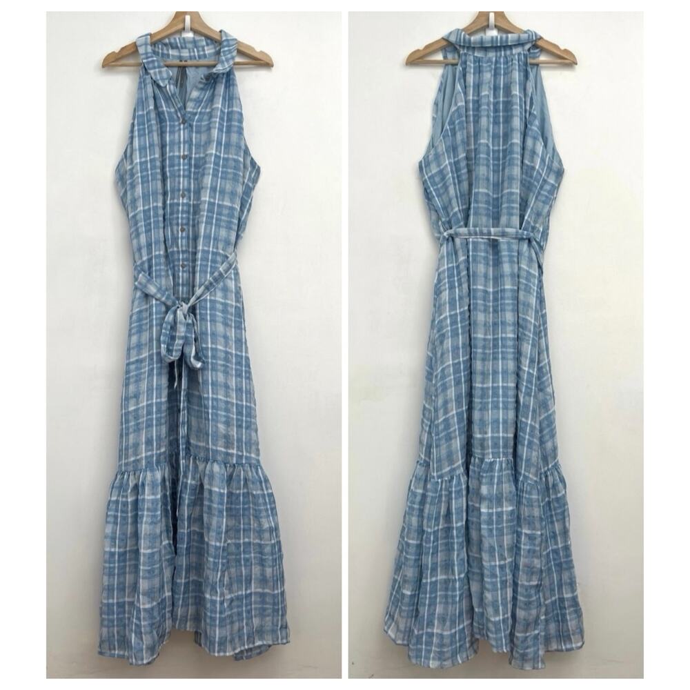 By Anthropologie Plaid Sleeveless Tiered Ruffle Hem Tie Waist Maxi Dress XL - Picture 14 of 15